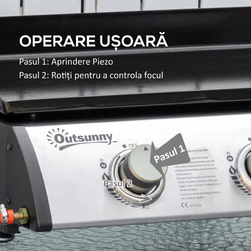 Outsunny Placă de grătar pe gaz antiaderent de masă cu 3 arzătoare de 3kW, 62x46x21cm, negru