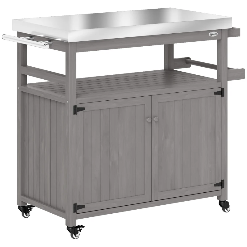 Outsunny Outdoor-Kücheninsel, Grillwagen mit Schrank und Regalen, Küchenwagen aus Holz und Edelstahl, mit Rollen, Grau