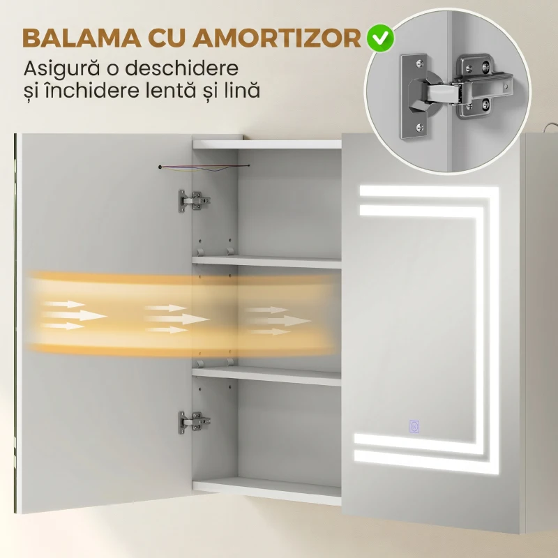 kleankin Oglindă Baie cu Dulap și LED, 80 x 65cm, Ușă Soft Close, Reglabilă pe 3 Culori, Rafturi Ajustabile, Alb Lucios