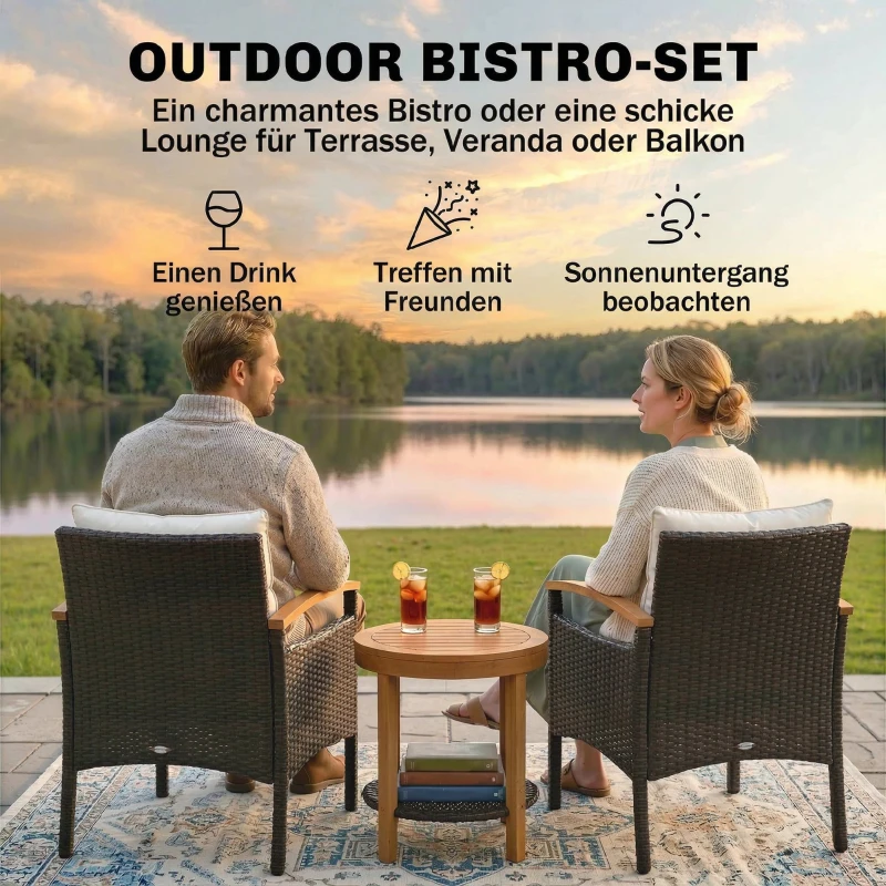 Outsunny Rattan Bistroset 3 teiliges FSC Gartenmöbel-Set mit 2 Sessel, 2-Ebene Holz-Tisch, dicke waschbare Kissen