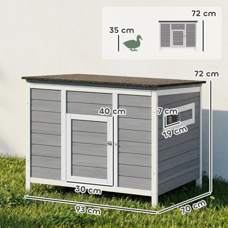 PawHut Entenstall wetterfest Entenhaus aus Holz mit herausnehmbar Boden Schiebefenster aufklappbar Asphaltdach 93x70x72cm Grau