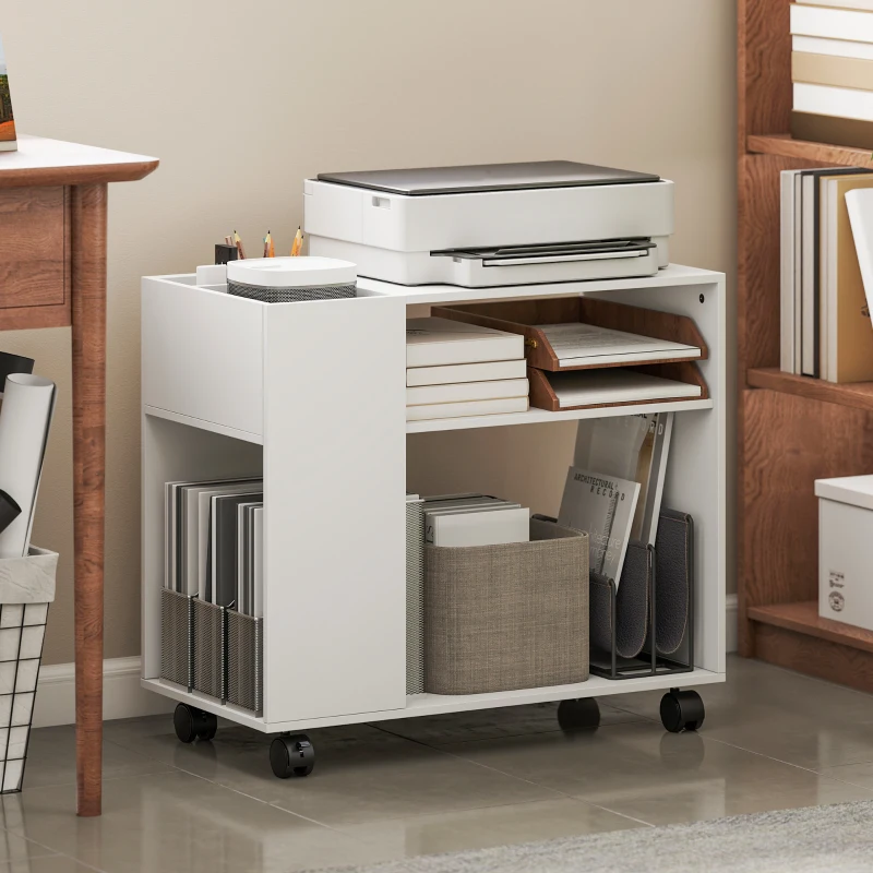 HOMCOM Mesa de Apoio com Rodas Compartimentos Superiores e Prateleiras Abertas 70x36x60 cm Branco