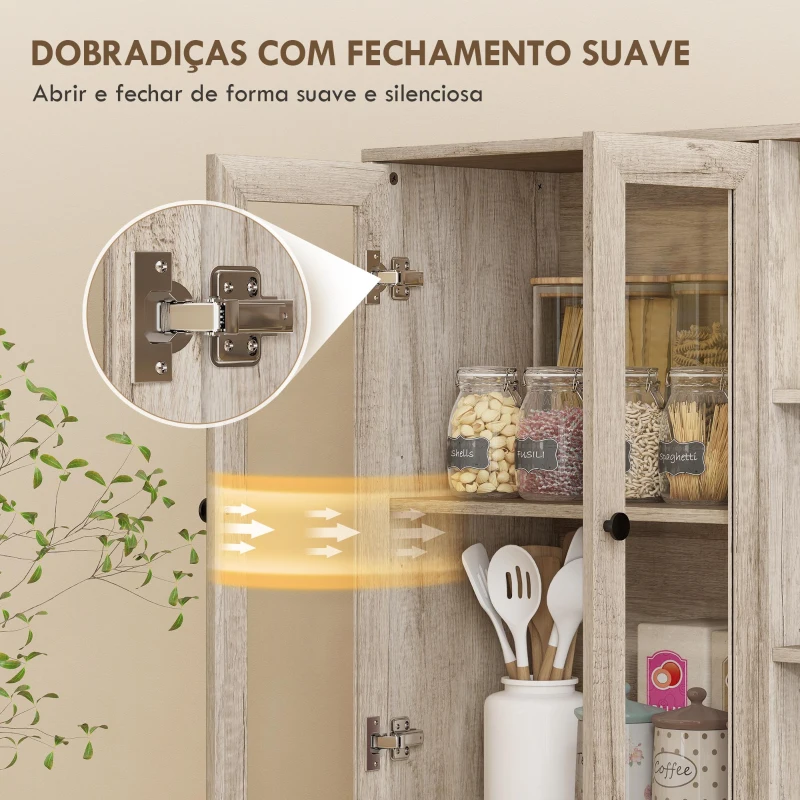 HOMCOM Armário de Cozinha Móvel Auxiliar de Cozinha com Prateleiras Abertas e 4 Portas de Vidro 90x35x172 cm Cinza Claro