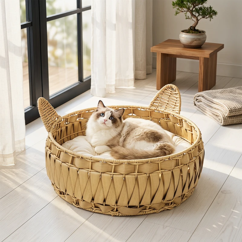PawHut Katzenbett Rattan Katzenhöhle mit abnehmbares Kissen, Katzenkorb für Katzen bis 10 kg, 50 x 50 x 25 cm, Hellbraun