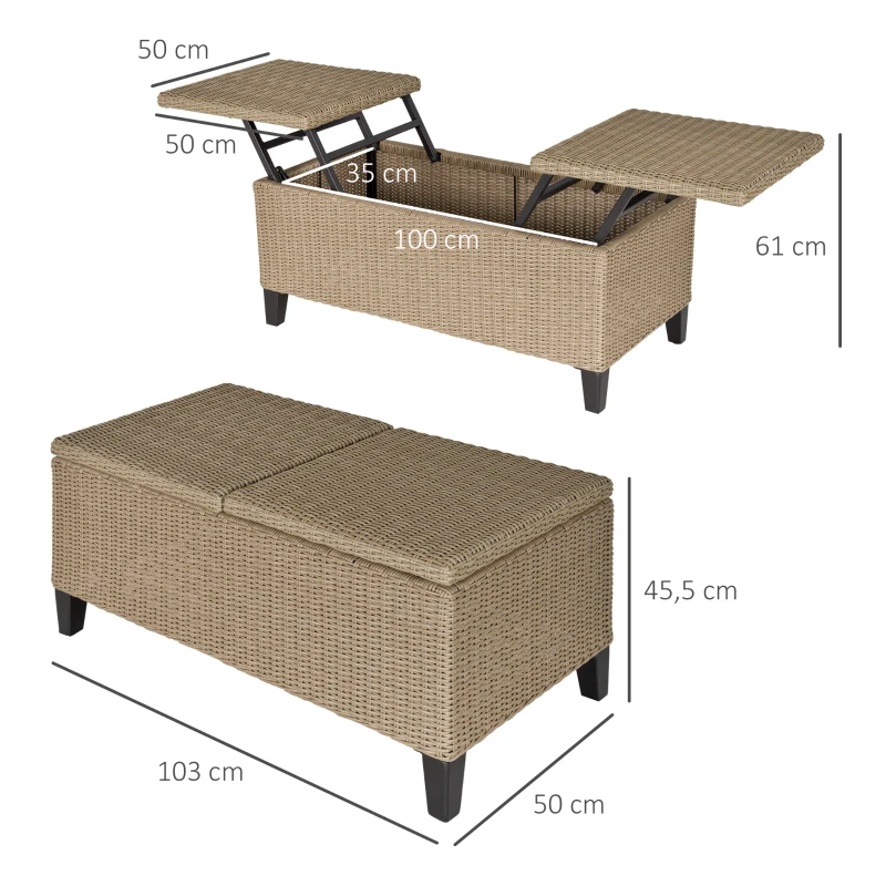 Outsunny Garten-Beistelltisch, Aufbewahrungskiste mit Stauraum, Rattanoptik, Stahlrahmen, khaki, 103 x 50 x 45,5 cm