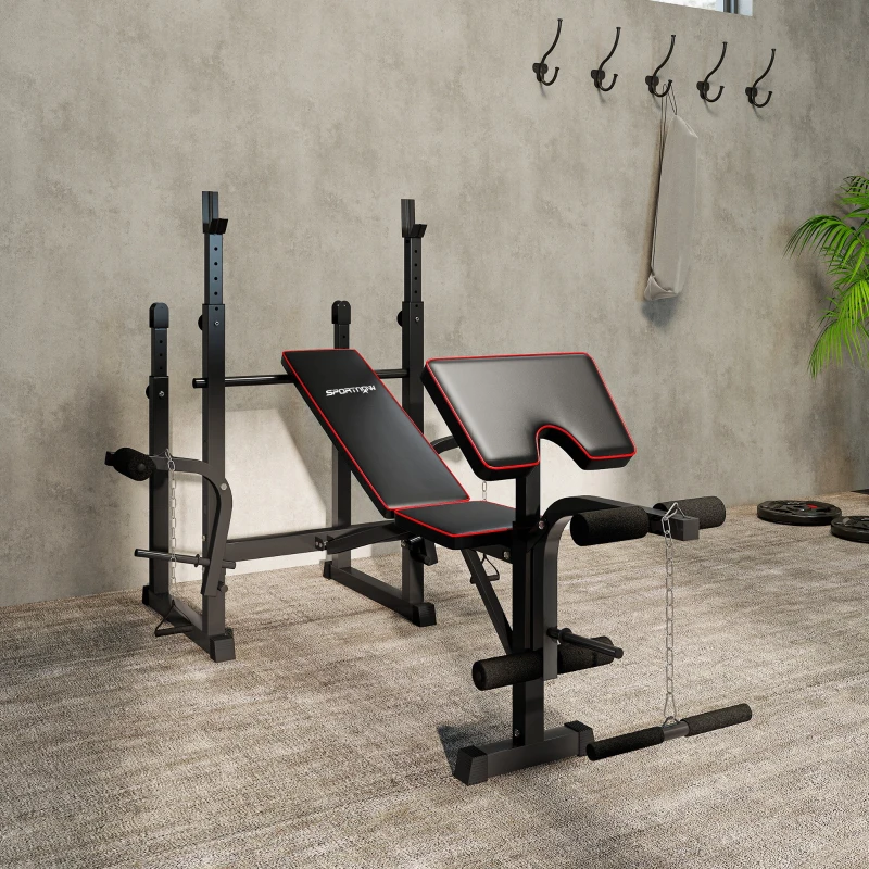 SPORTNOW Banco de Musculação Dobrável Banco Multifunções com Suportes para Barras e Encosto Ajustável para Treino Completo de Corpo Preto