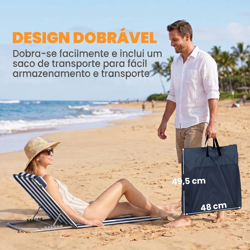 Outsunny Conjunto de 2 Esteiras com Encosto Reclinável, Apoio de Cabeça e Bolsa de Transporte 134x48x33-43 cm Brancas e Azuis