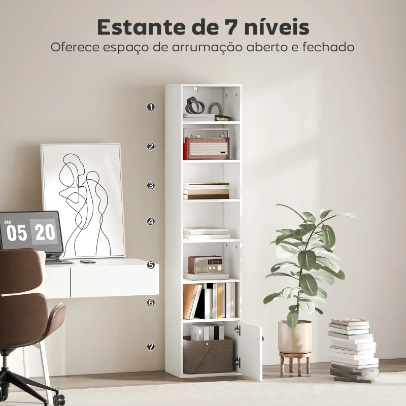 HOMCOM Estante de 7 Níveis Estante para Livros com Prateleiras Ajustáveis e Armário Estante Moderna 40x30x180 cm Branco