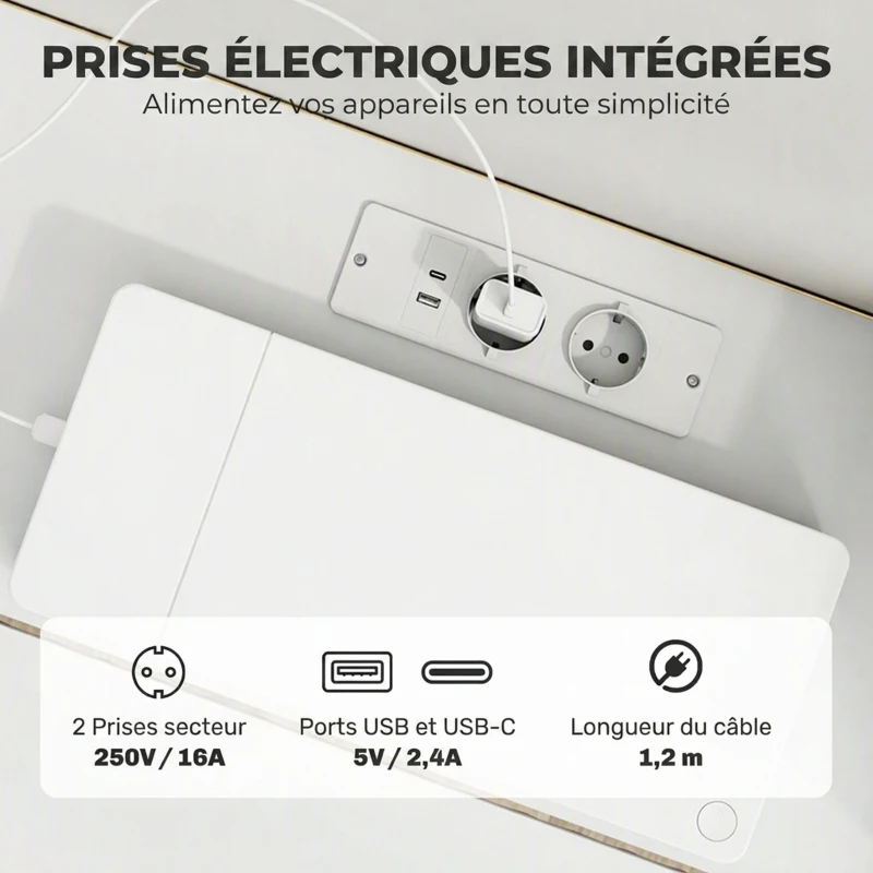 HOMCOM Meuble TV Suspendu Flottant 120 cm avec Éclairage LED et Prises, Meuble Télé pour Téléviseur 65 Pouces, Blanc
