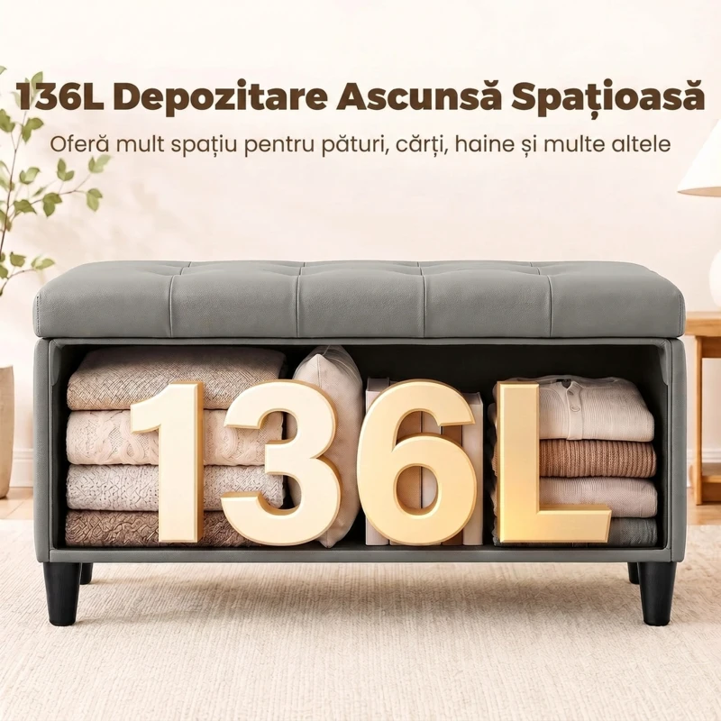 HOMCOM Bancă cu depozitare 136 L, 110x41x42 cm, piele ecologică potrivită pentru animale de companie, gri