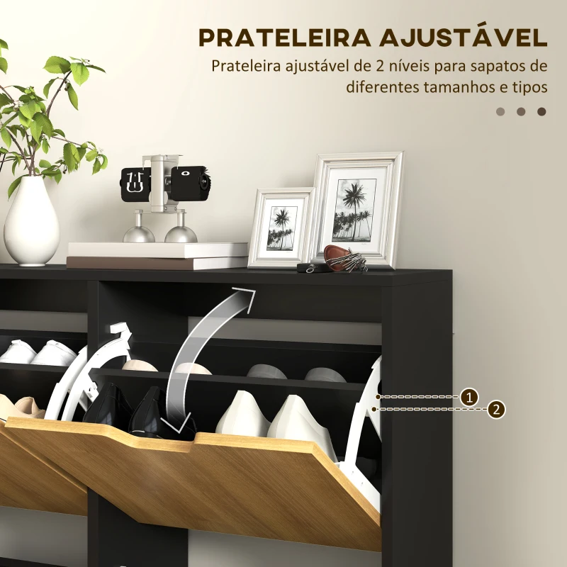 HOMCOM Sapateira para 16 Pares de Sapatos com 4 Gavetas e Prateleiras Ajustáveis 95x26x95 cm Madeira e Preto