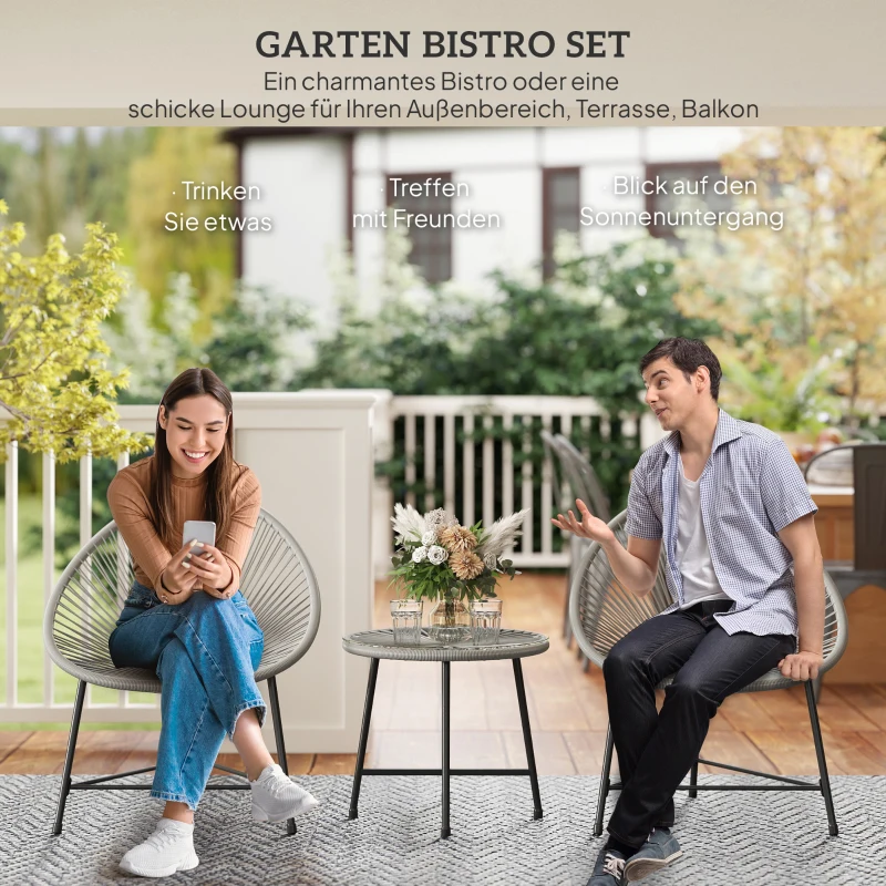 Outsunny 3-teiliges Gartenmöbel-Set, 2 Kunststoffrattan-Stühle, 1 Tisch mit Glasplatte, Stahlrahmen, Outdoor-Sitzmöbel, Grau
