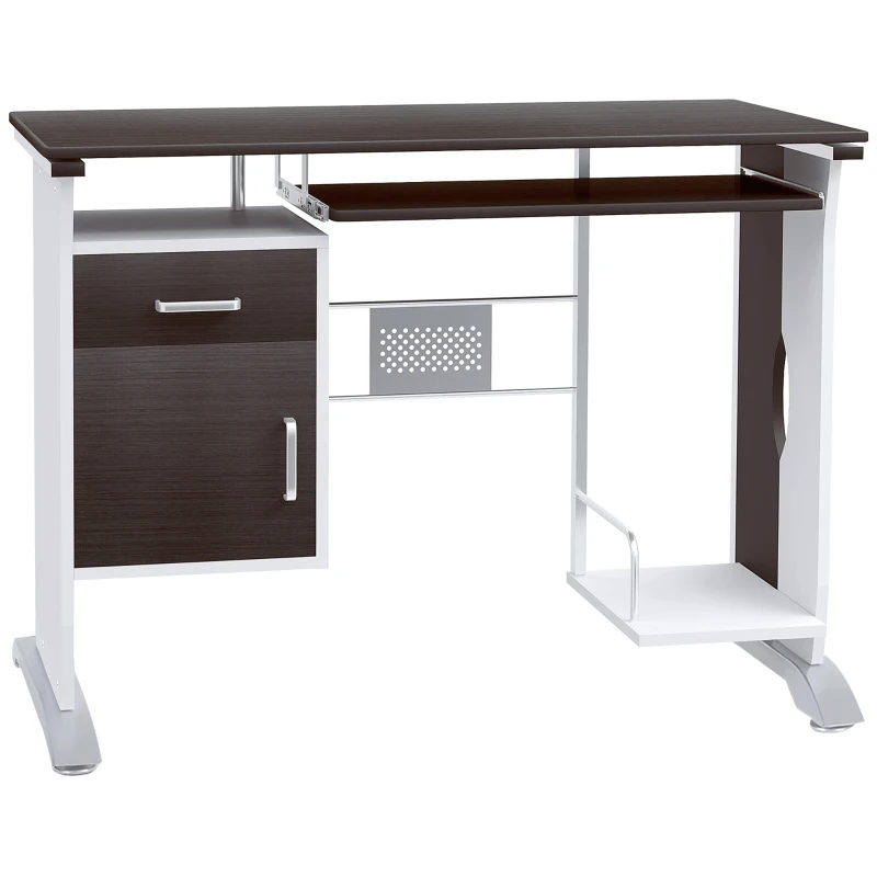 HOMCOM Computertisch mit 1 Schublade, 1 Schrank, 1 Tastaturablage, Schreibtisch. Bürotisch, MDF Schwarznuss+Silber