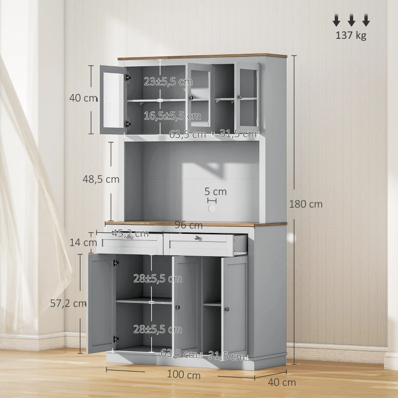 HOMCOM Armário de Cozinha com 3 Portas de Vidro Compartimento Aberto 2 Gavetas e Prateleiras Ajustáveis 100x40x180 cm Cinzento