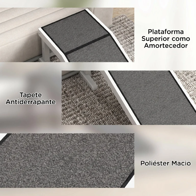 PawHut Rampa de Madeira para Animais com Tapete Antiderrapante para Cães Pequenos ou Séniores 125x40x35,5 cm Branco e Cinzento