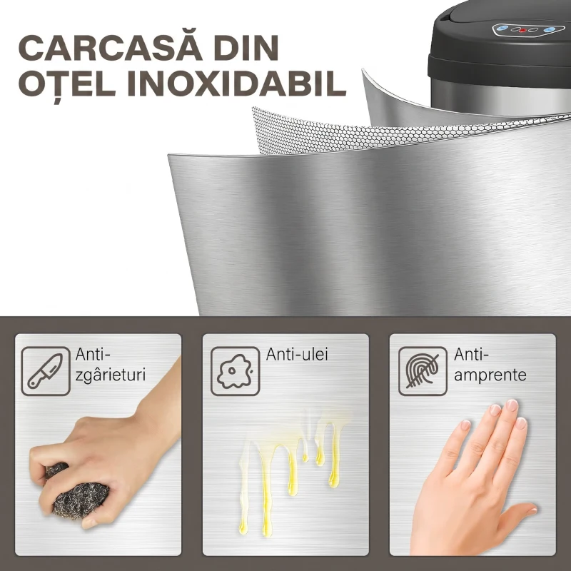 HOMCOM Coș de Gunoi de 42L cu Senzor de Mișcare și Deschidere Automată, 30.5x30.5x68 cm, Negru și Argintiu