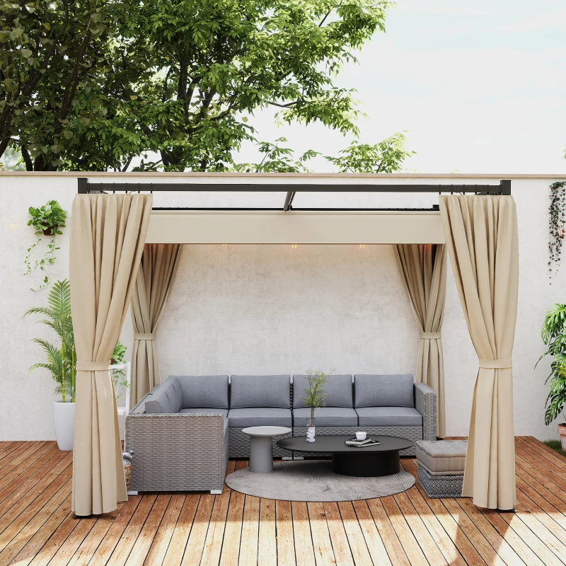 Outsunny Pergola 3 x 3 m Freistehend Terrassenüberdachung mit Schiebedach, 4 Seitenwände UV-beständig Beige