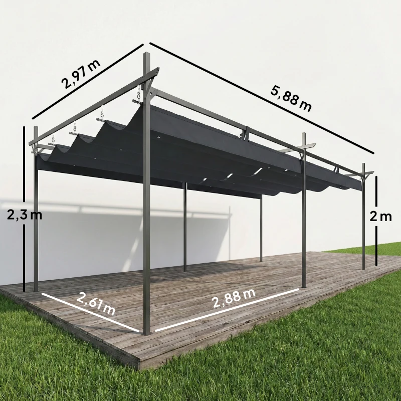 Outsunny Pérgola com Teto Retrátil de Alumínio 588x297x230 cm Pérgola com Tecido de Poliéster Anti UV Pérgola de Jardim Cinzento Escuro