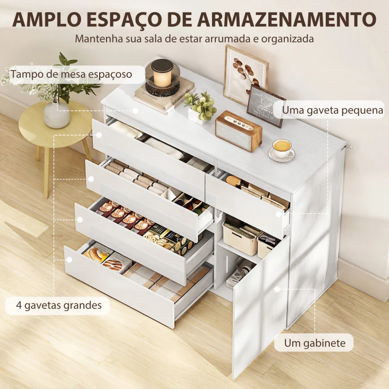 HOMCOM Aparador de Sala com 5 Gavetas Prateleiras Ajustáveis e Porta com Fecho Suave 100x40x80 cm Branco Brilhante