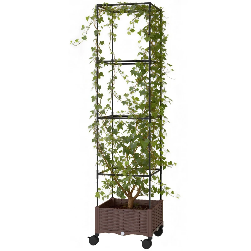 Outsunny Floreira com Treliça e Rodas com Drenagem para Cultivo de Vegetais Flores e Ervas Aromáticas 40x40x165 cm Castanho