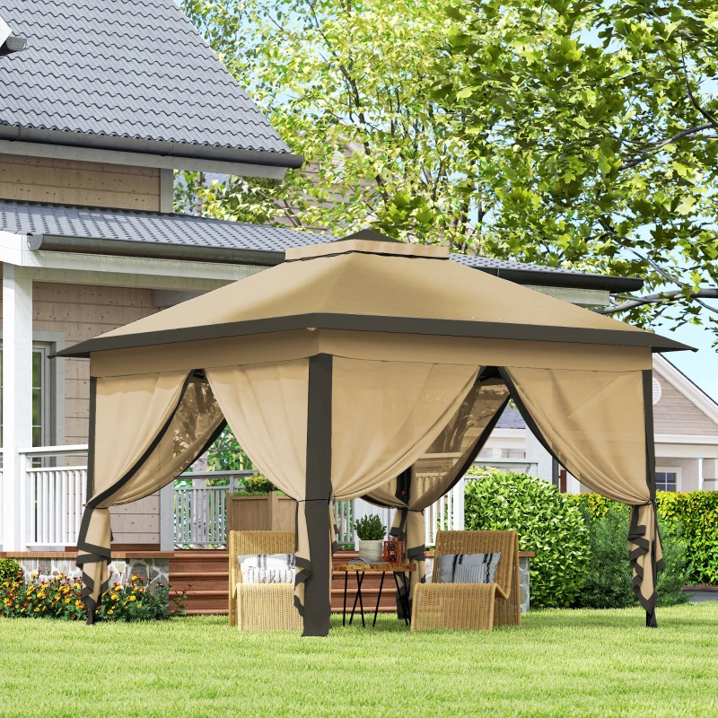 Outsunny Pérgola Dobrável Exterior com Altura Ajustável Teto Duplo  4 Mosquiteiras Removíveis e Bolsa de Transporte 3,3x3,3 m Bege