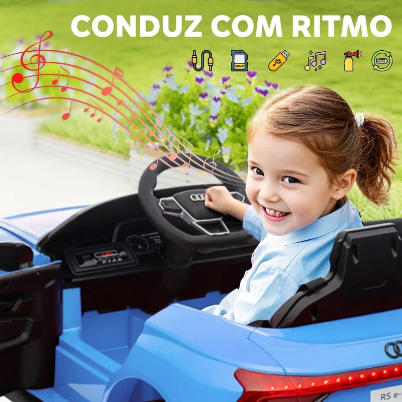 HOMCOM Carro Elétrico AUDI RS E-Tron GT 12V com 2 Motores Controlo Remoto Faróis LED Buzina Música USB 3-5km/h 103x58x41cm Azul