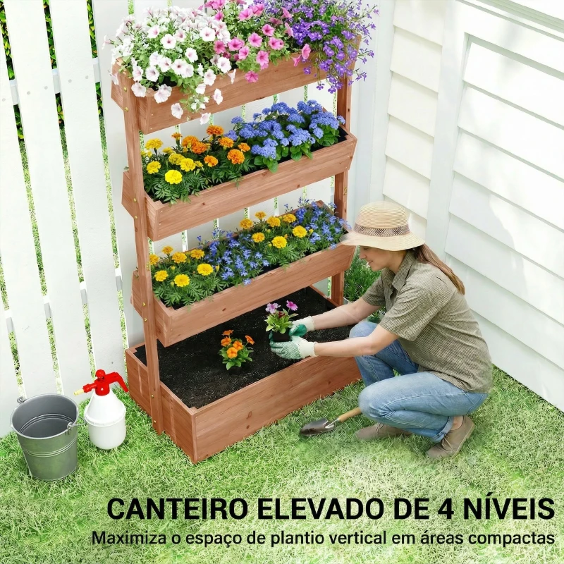 Outsunny Canteiro de Madeira de 4 Níveis Canteiro Elevado Exterior com Orifícios de Drenagem Tecido Não Tecido Castanho