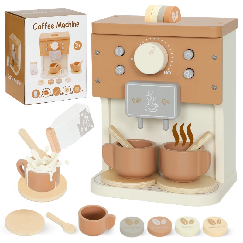 AIYAPLAY Set Mașină de Cafea din Lemn pentru Copii de la 3 Ani cu Accesorii, Maro