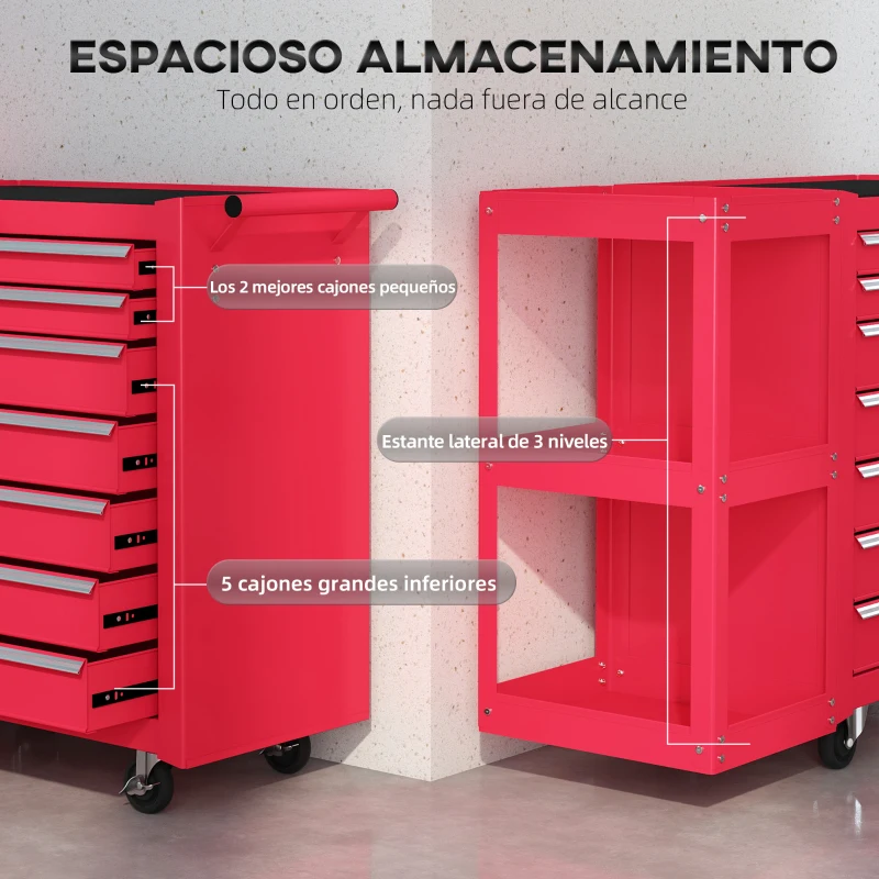 HOMCOM Carro de Herramientas con 7 Cajones Estantería de 3 Niveles Desmontable Sistema de Cierre Central Asa Rojo