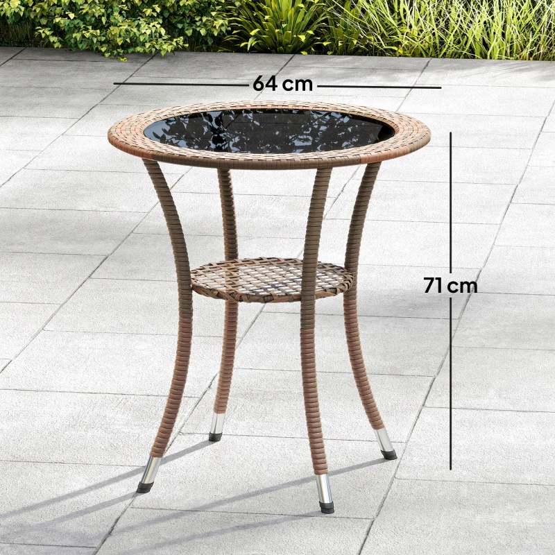 Outsunny Mesa de Vime Redonda Ø64x71 cm Mesa de Jardim com Estante e Tampo de Vidro Suporta 50 kg para Terraço Pátio Castanho