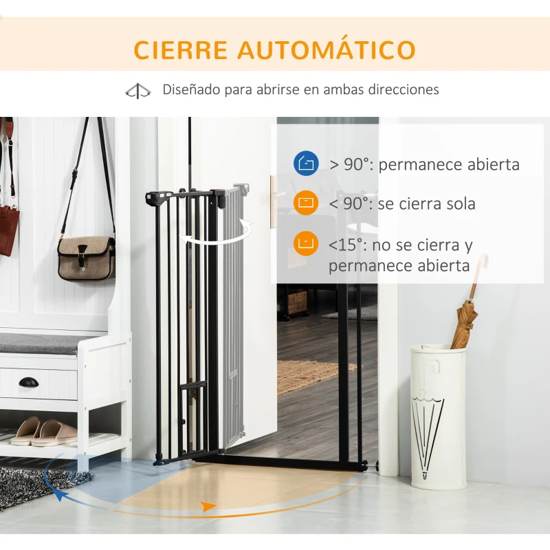 PawHut Barrera de Seguridad Extensible con Puerta Pequeña Cierre Automático y Sistema de Doble Bloqueo 74-101x104,1 cm Negro
