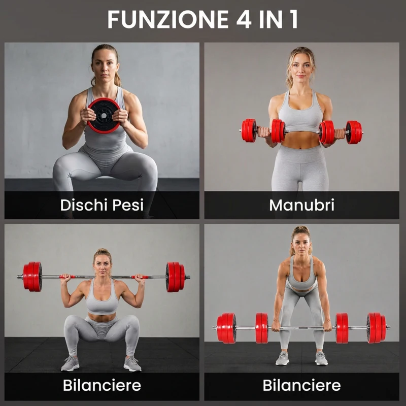 HOMCOM Set di Manubri Pesi 2 in 1 da 30kg, Dischi con Rivestimento in Plastica Antigraffio, Rosso e Nero