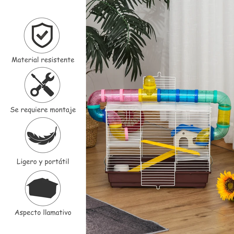 PawHut Jaula para Hamster Casa para Ratoncillos Roedores Animal Pequeño con Escalera, Pista, Molino de Viento Accesorios Incluidos 62x29x52cm