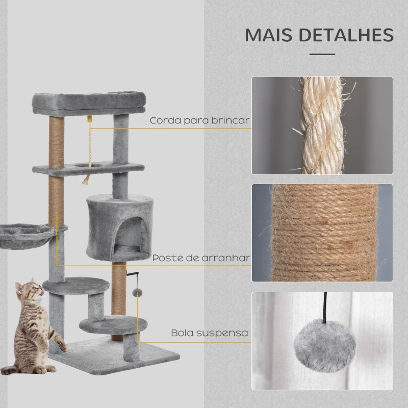 PawHut Árvore Arranhador para Gatos com Plataforma Caverna Rede postes de Juta Corda e Bola Suspensa 48x48x120 cm Cinza