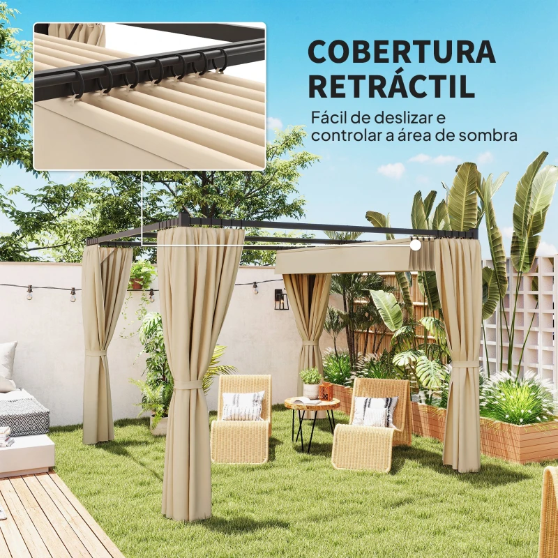 Outsunny Pérgola de Jardim 3x3 m Pérgola para Exterior com Teto e Paredes Laterais Retráteis Impermeável para Terraço Pátio Bege