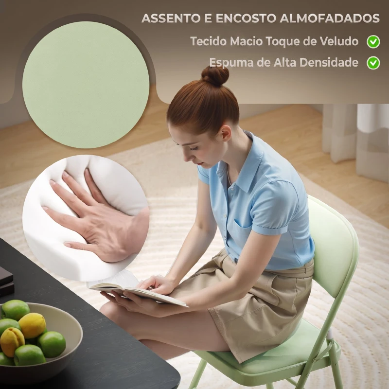 HOMCOM Conjunto de 4 Cadeiras Dobráveis Estofadas em Veludo com Estrutura em Aço e Encosto para Espaços Pequenos, Verde