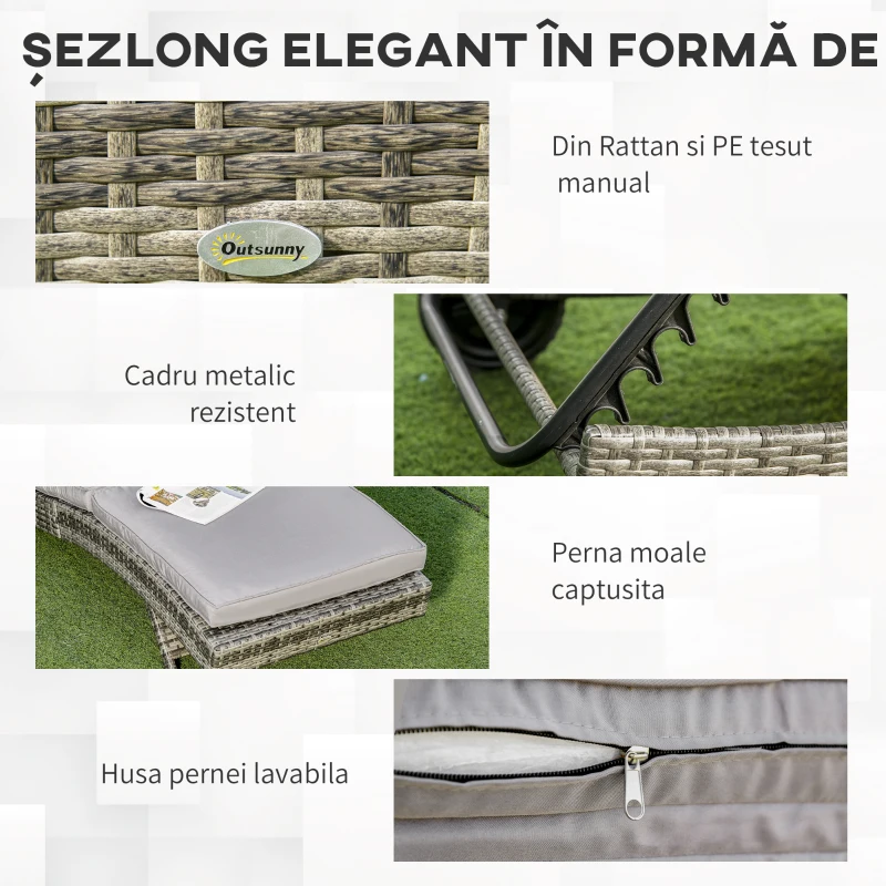 Outsunny Șezlong de Grădină din Ratan PE cu Spătar Reglabil și Pernă, 207x70x70cm, Gri