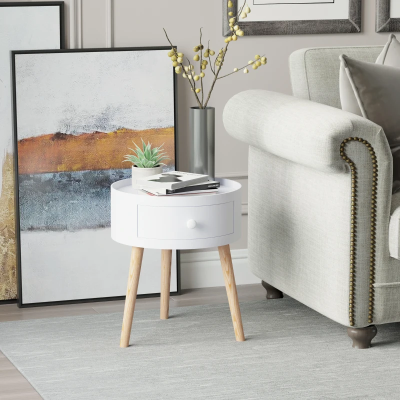 HOMCOM Couchtisch mit Schublade, rund, Skandi-Design, Schutzrand, Holz, Ø38 x H45 cm, Weiß