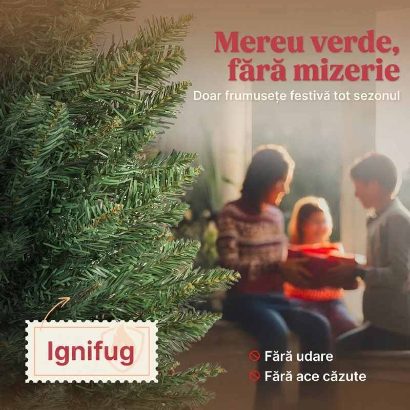 HOMCOM Brad de Crăciun artificial slim 180 cm cu 321 de ramuri, aspect de brad, cu bază din plastic, verde