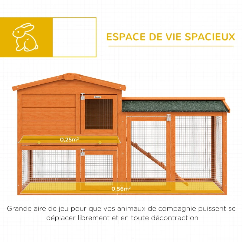 PawHut Clapier cage à lapins rongeurs 2 niveaux 3 portes verrouillables tiroir à déjection 150L x 45l x 85H cm bois