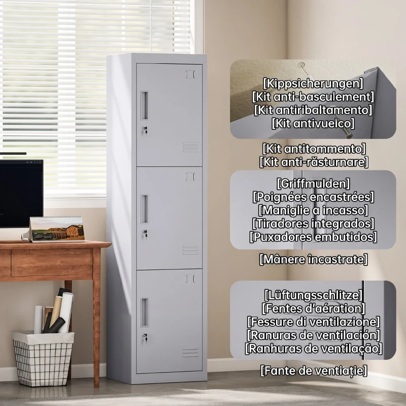 HOMCOM Dulap pentru Birou din Oțel cu 3 Uși Independente și 2 Chei, 45x38x180 cm, Gri Deschis