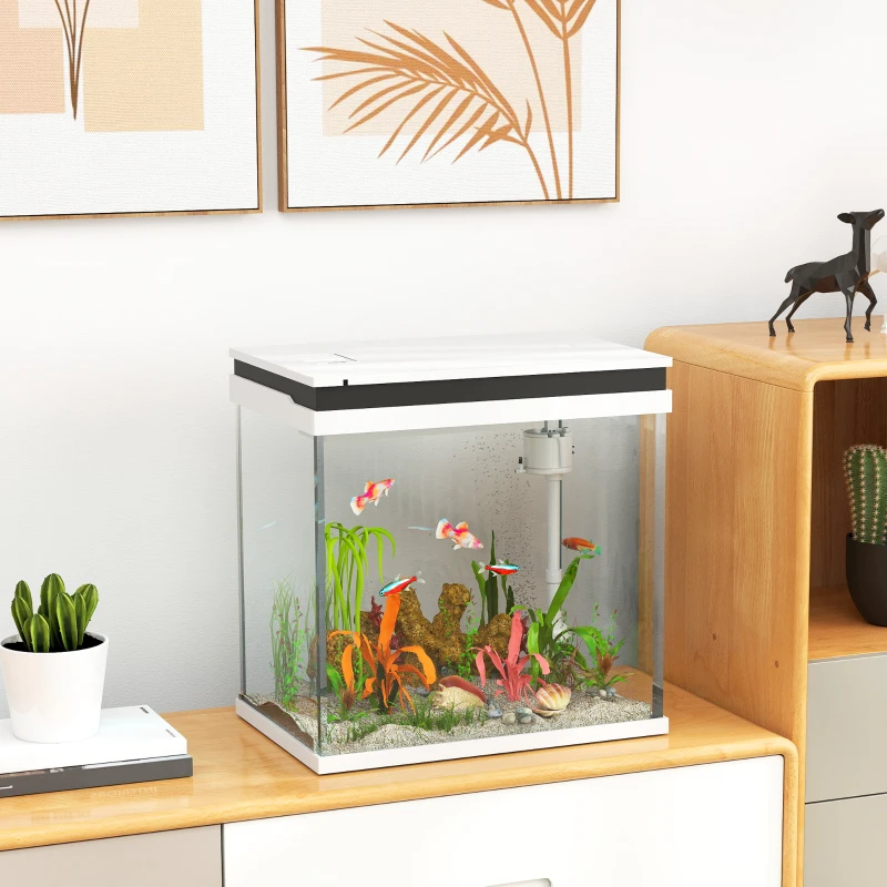 PawHut Acquario per Pesci Rossi 26L con Luci LED, Sistema di Filtraggio e Pompa d'Acqua, 38x26x38 cm, Bianco