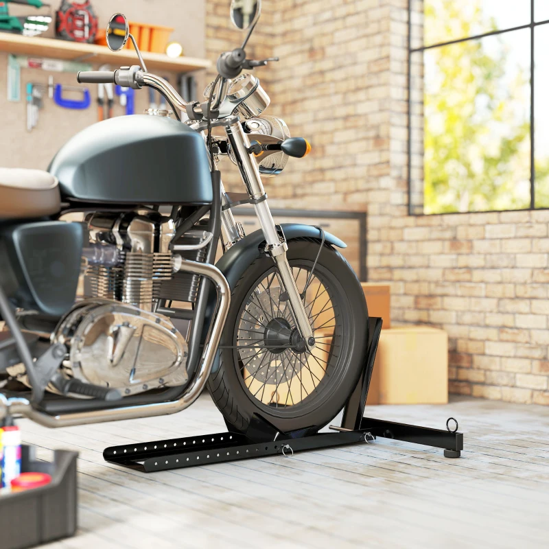 HOMCOM Suport Blocare Roată pentru Motocicletă, Suport Reglabil pe 14 Niveluri pentru Roți Ø34-84 cm, Negru