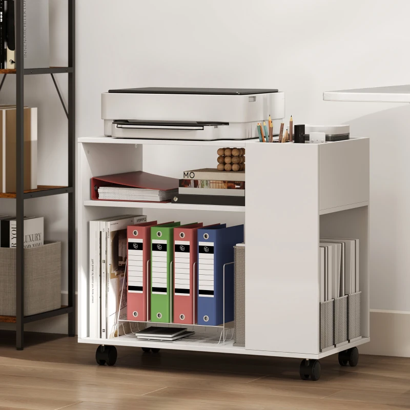 HOMCOM Mesa de Apoio com Rodas Compartimentos Superiores e Prateleiras Abertas 70x36x60 cm Branco