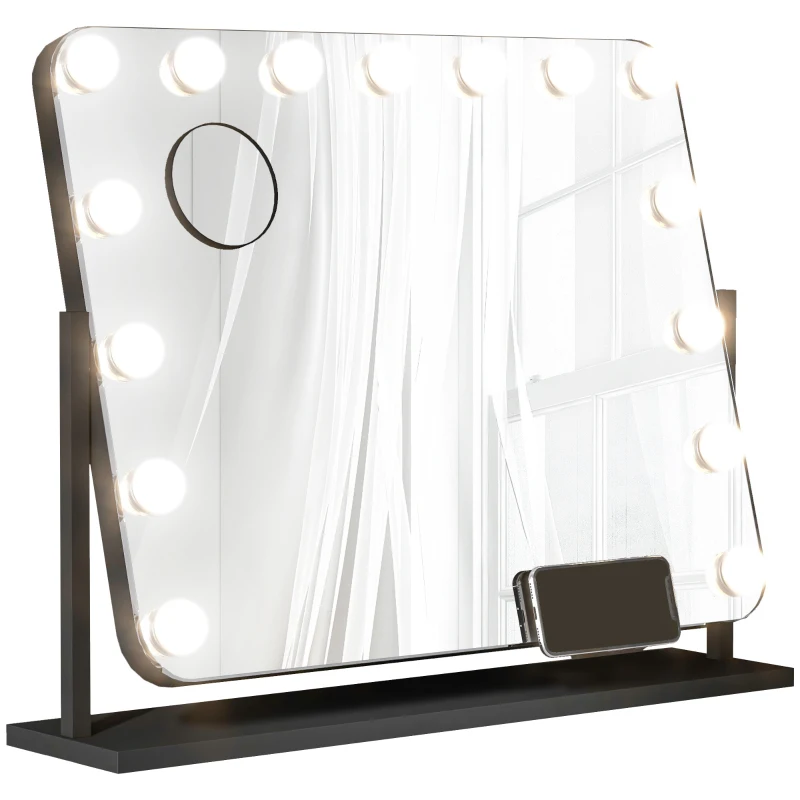 HOMCOM Espelho de Maquilhagem Estilo Hollywood com Luzes Espelho de Toucador Giratório com 14 Lâmpadas LED e Entrada USB 62,5x14x49,5 cm Preto