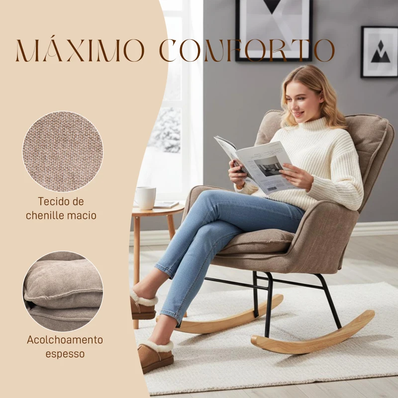 HOMCOM Poltrona de Baloiço Moderna Estofada em Chenilha Poltrona de Lactância com Encosto Largo 71x98,5x97 cm Castanho