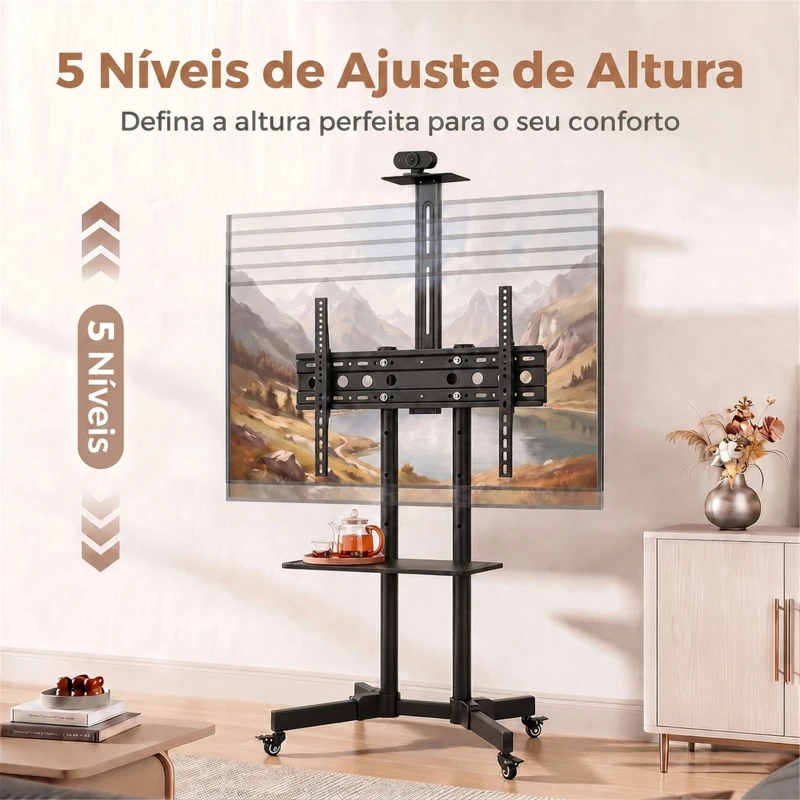 HOMCOM Suporte para TV com Rodas 32"-75" Altura Regulável Inclinação ±15° e 2 Prateleiras Preto