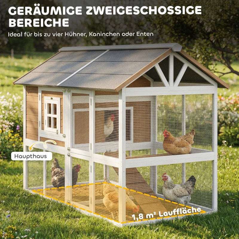 PawHut Hühnerstall Hühnerhaus mit Auslauf Nistkasten herausziehbarem Tablett Asphaltdach für 4 Hühner 200x104x145cm Holz Braun