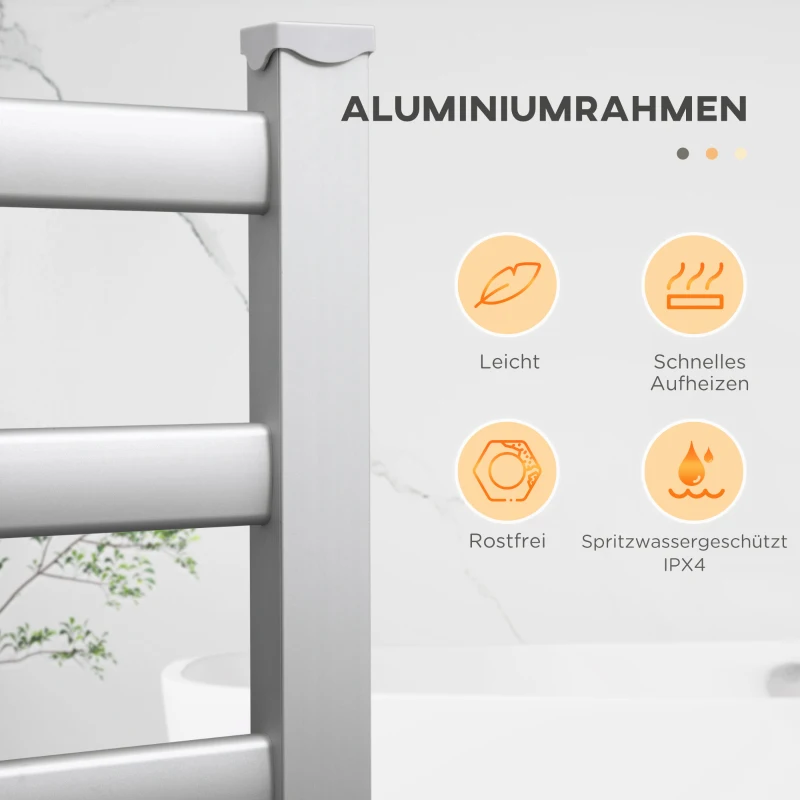 HOMCOM Handtuchwärmer, elektrisch, freistehend/Wandmontage, 45-55° C, Aluminiumrahmen, silber, 90 x 69 x 36cm