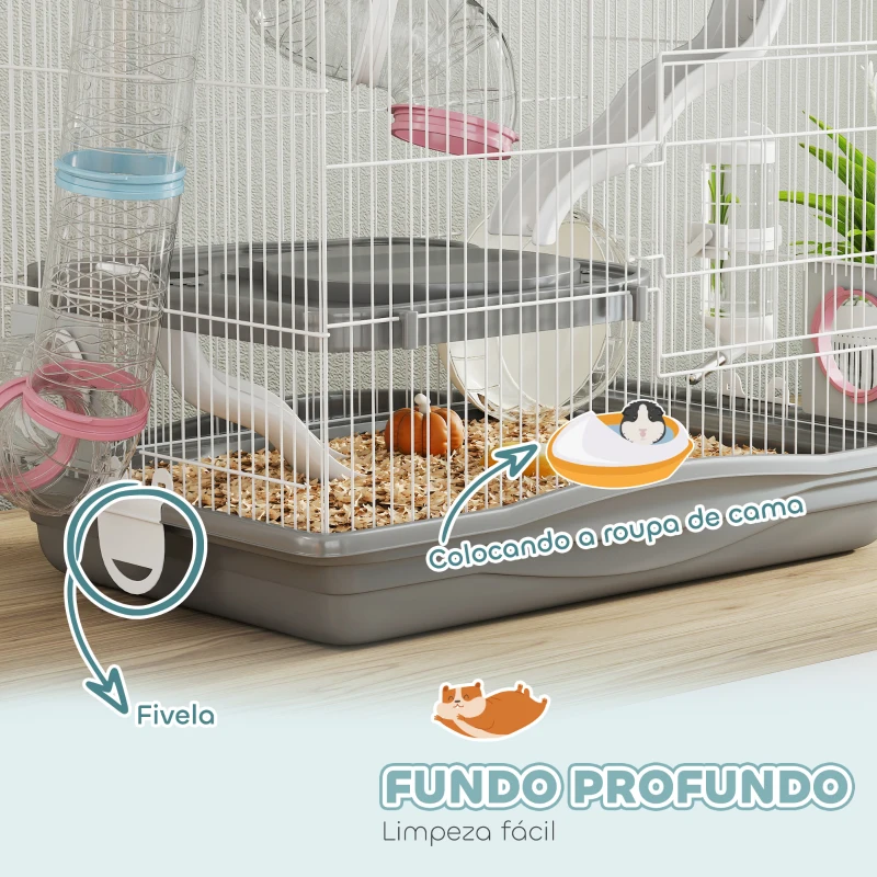 PawHut Gaiola para Hamster 45x30x45 cm com Túnel Plataformas Bebedouro Rampas e Roda de Exercício Cinzento